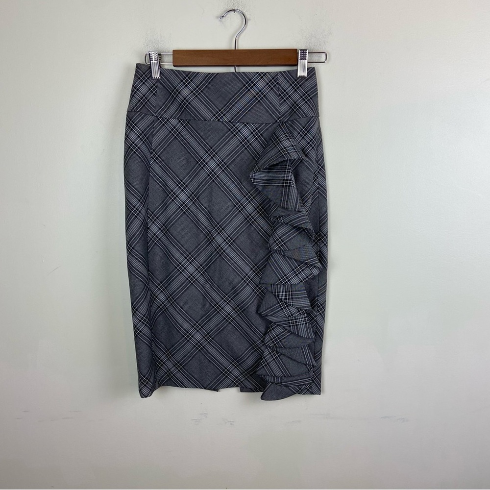 Express Grey Plaid Ruffle Pencil Skirt Tartan Neutral Office Academia Business 0